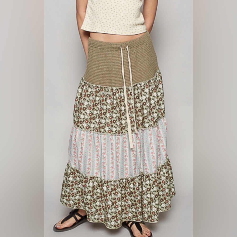 Boho Floral Tiered Maxi Skirt - Olive Mix